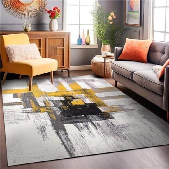 Modern Abstract Area Rug 5' x 7' Gold - Picture 7 of 8